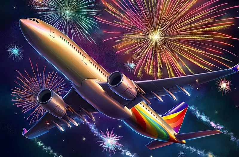 Flugzeug mit Feuerwerk im Hintergrund