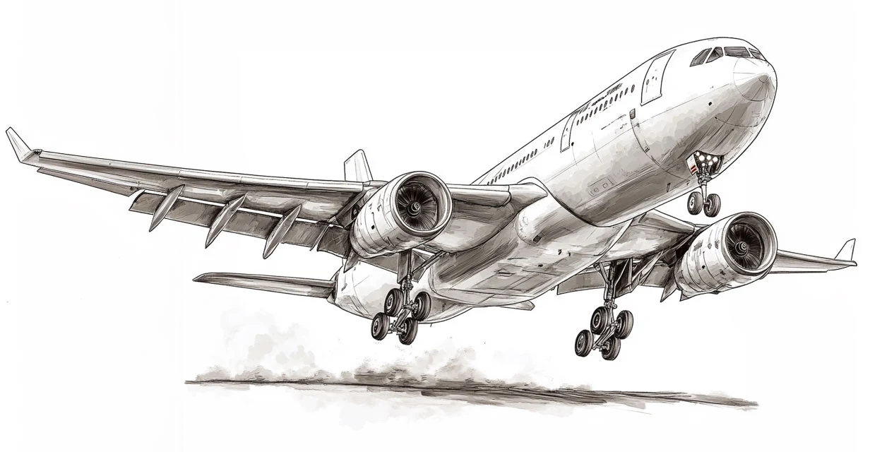 Zeichnung eines Airbus A330 beim Start